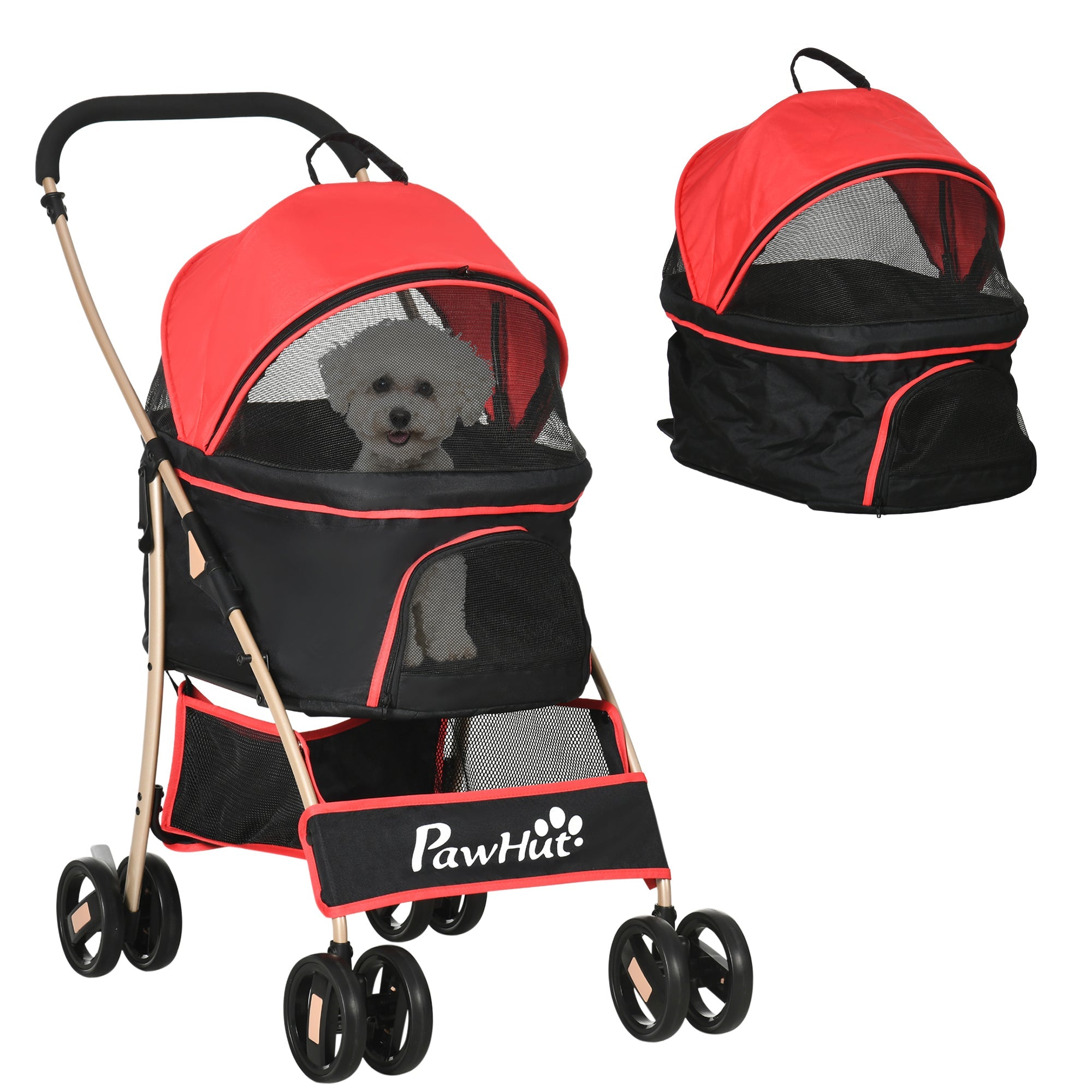 Passeggino per Cani Convertibile in Trasportino 82x49,5x98 cm in Acciaio e Poliestere Rosso e Nero