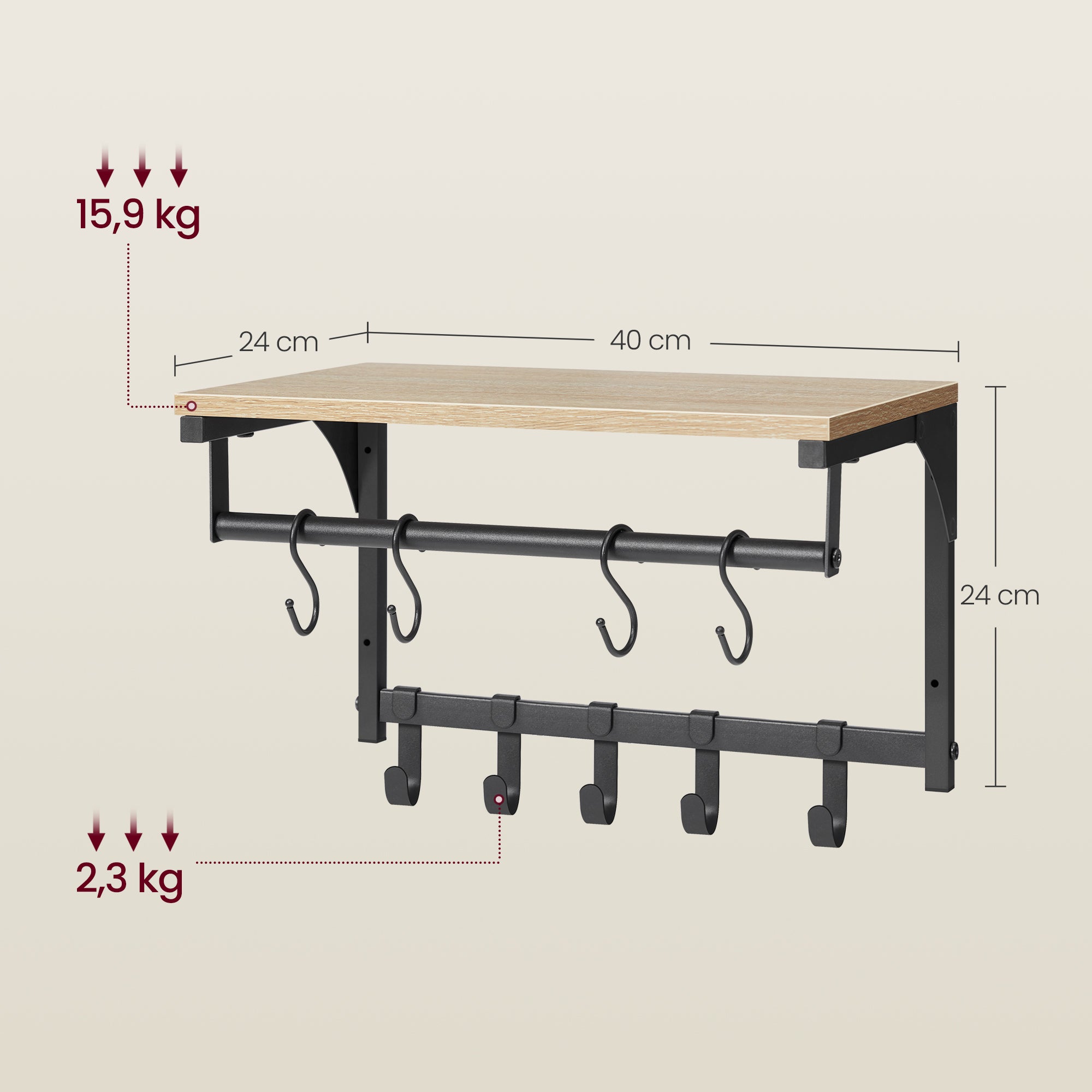 Mensola sospesa a parete VALORA con ganci - Sonoma LCR103B11