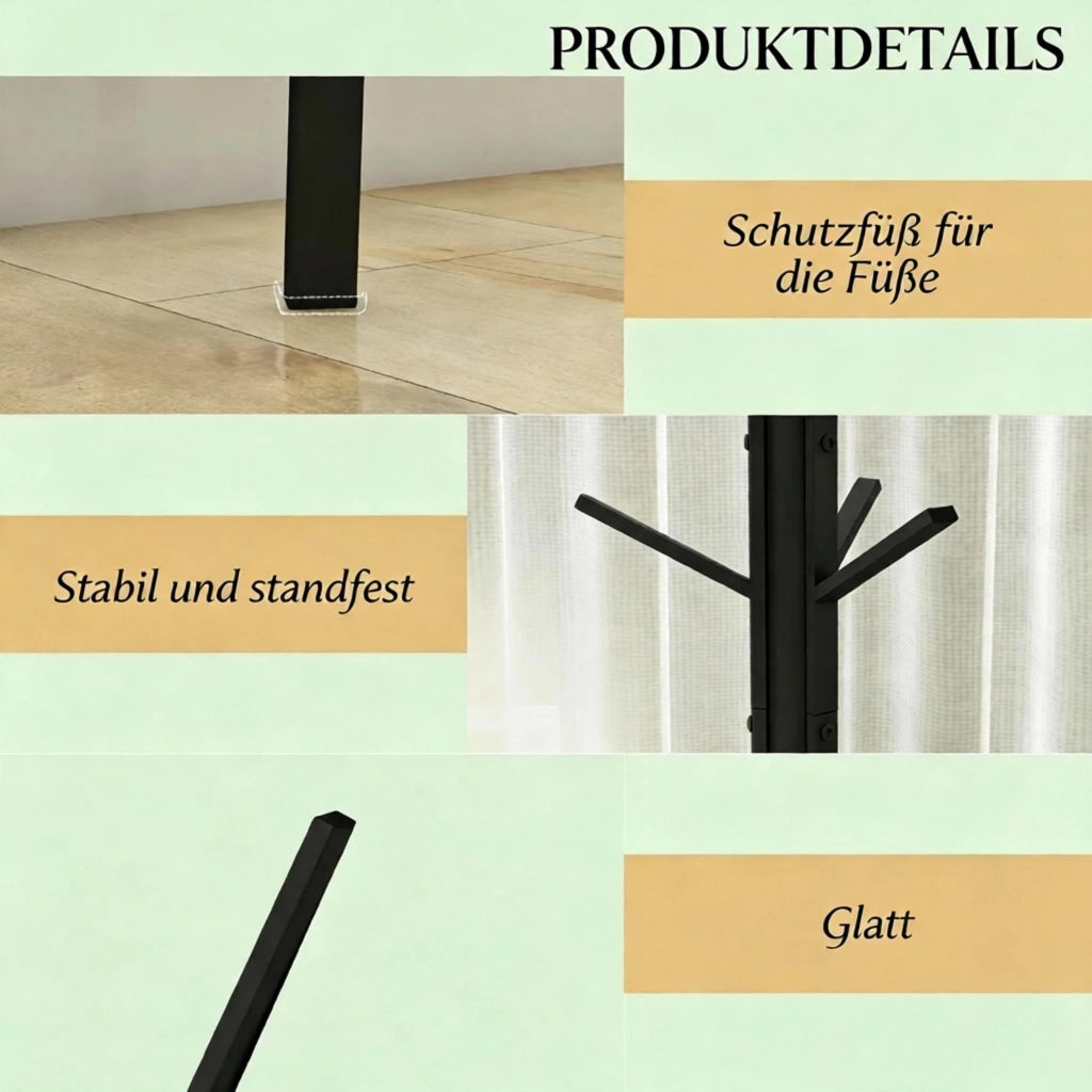 APPENDIABITI DA TERRA con 9 ganci e ripiano 45x45x180 cm nero metallo e MDF