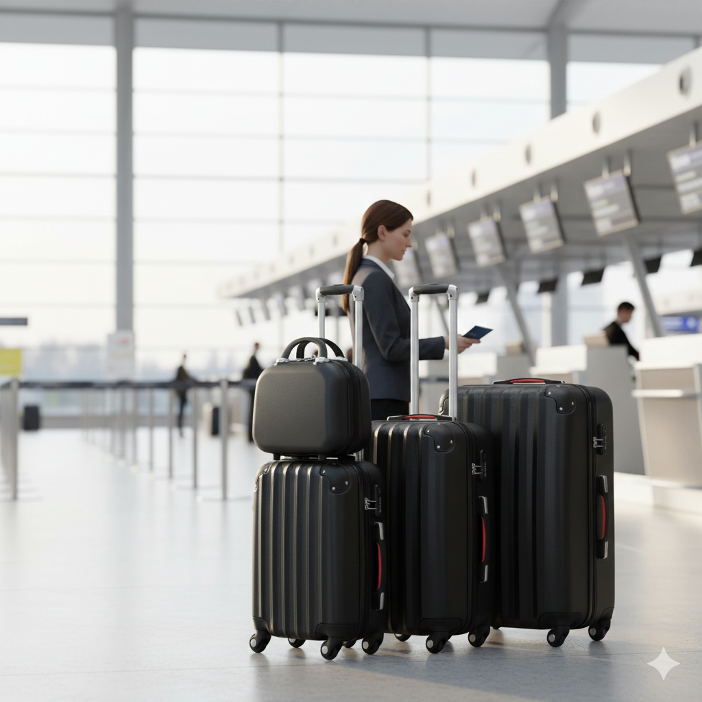 Set 4 Valigie Trolley e Beauty Case Rigide da Viaggio Easy Roll Angoli Rinfornzati in ABS Nero