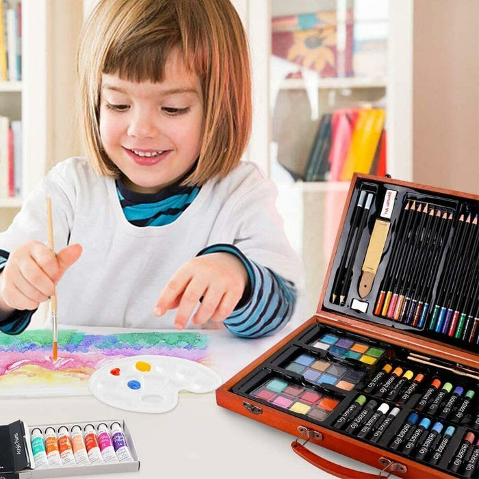Valigetta Legno Pittore 78pz Colori Pittura Pastelli Acquerelli Professionale