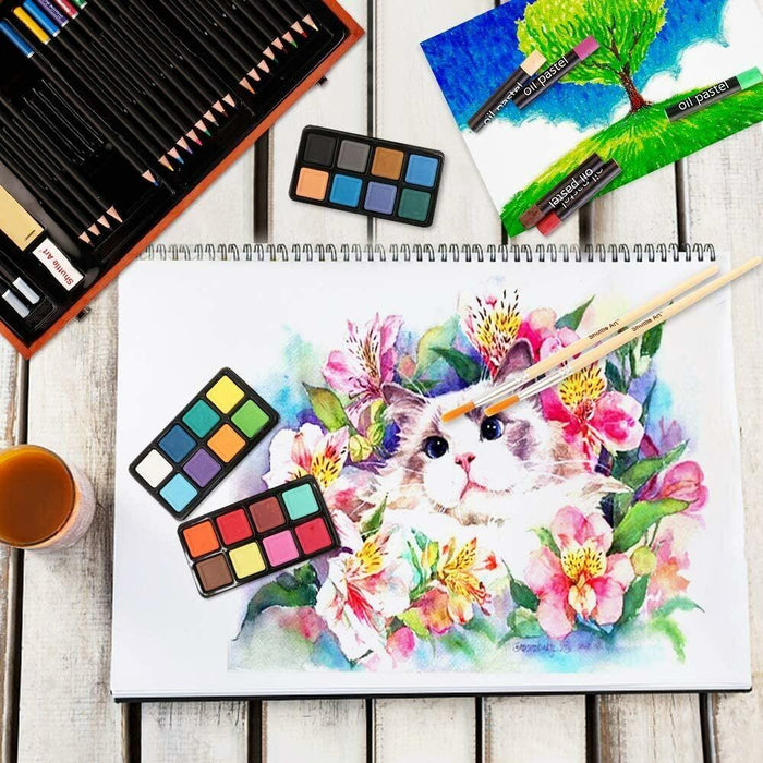 Valigetta Legno Pittore 78pz Colori Pittura Pastelli Acquerelli Professionale