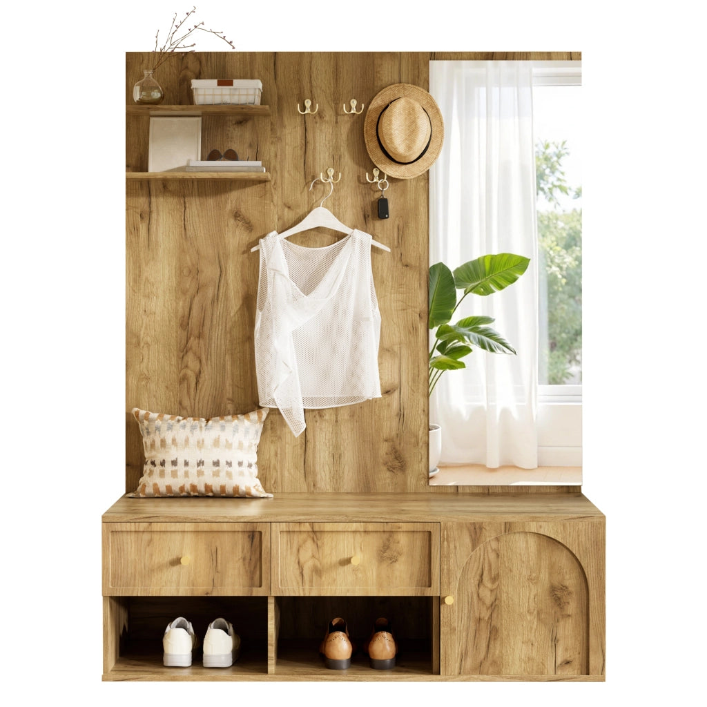 Mobile da ingresso con specchio intero 5 ganci 2 cassetti in truciolare effetto legno naturale 120 × 35 × 159 cm