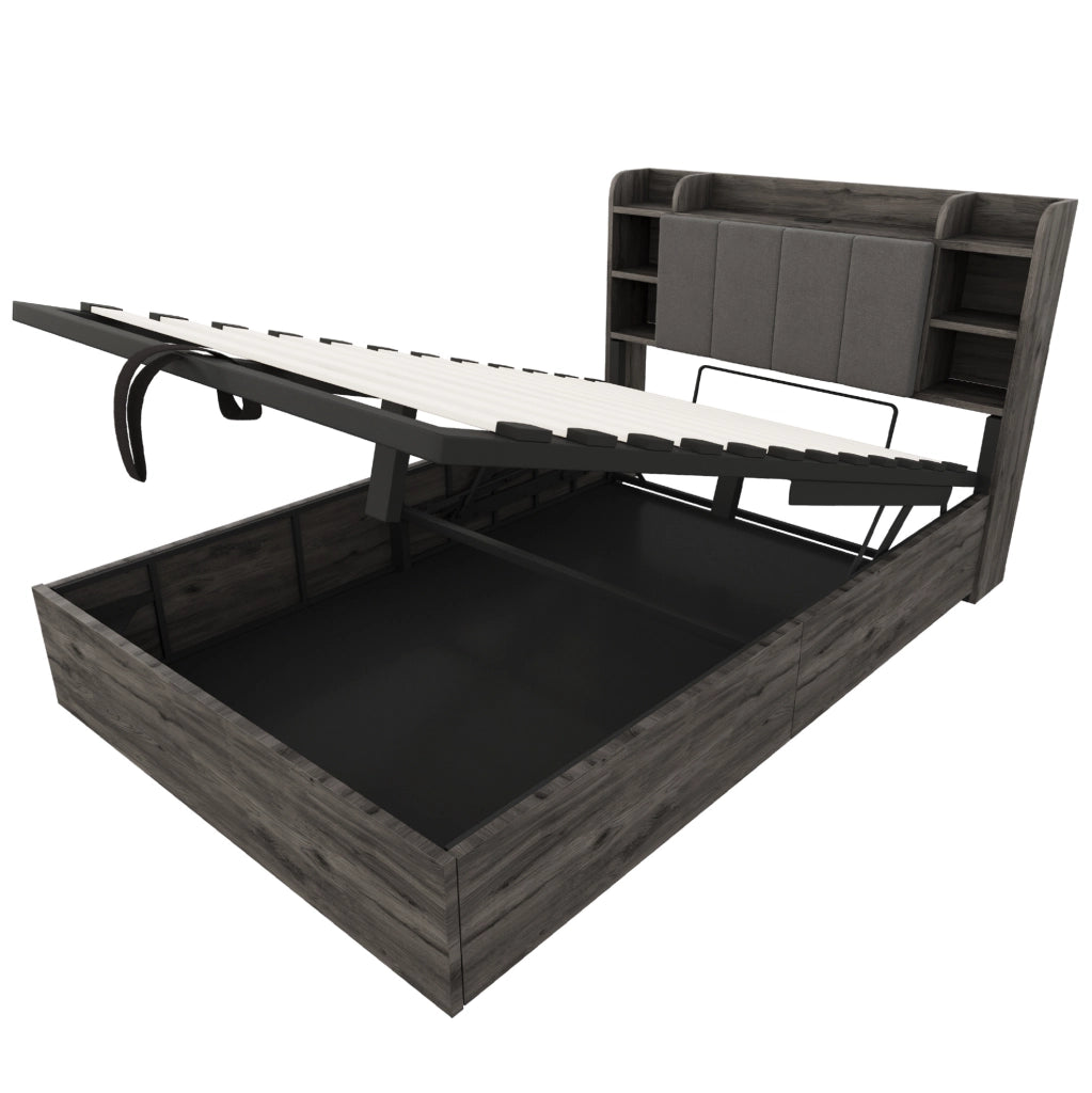 Letto singolo multifunzione 140x200 cm con contenitore idraulico; USB e USB-C; grigio