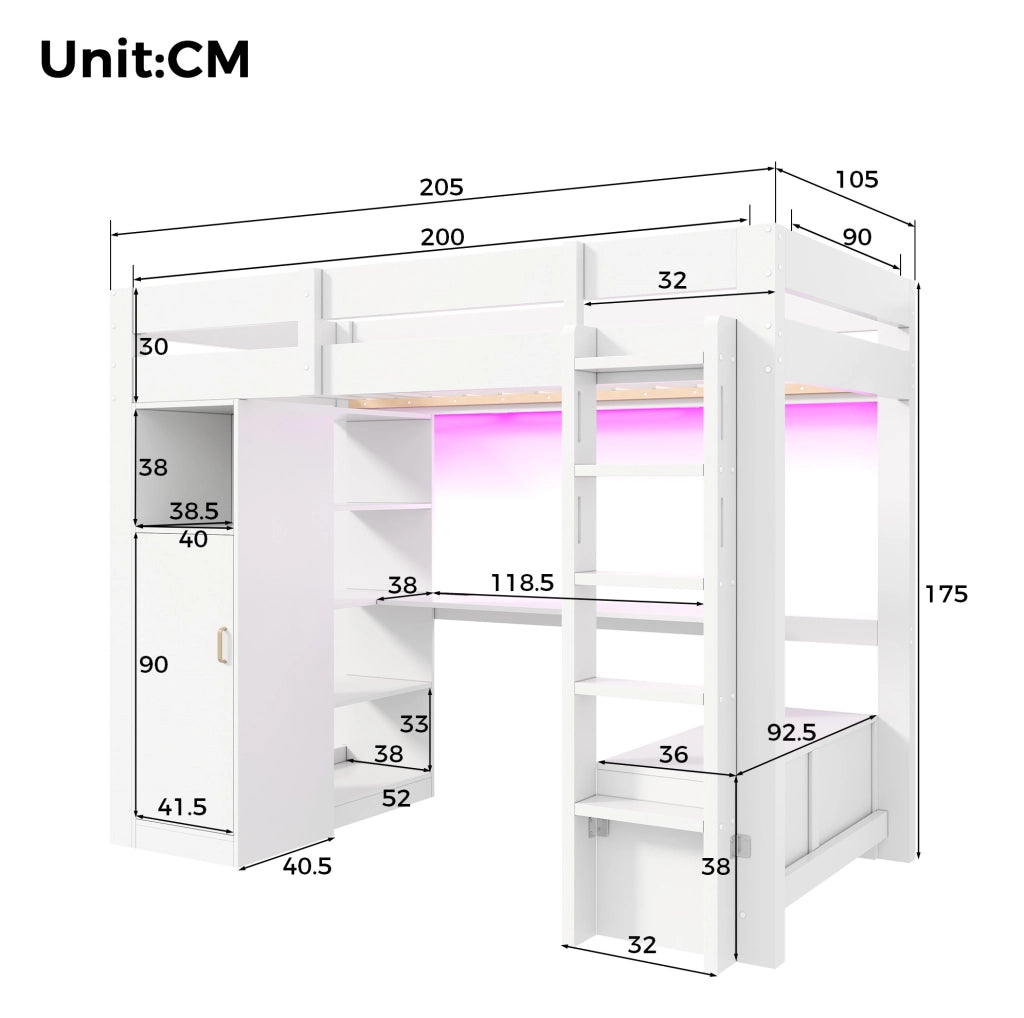 Letto a soppalco 90x200 con scrivania; armadio e LED; legno massello e MDF; bianco