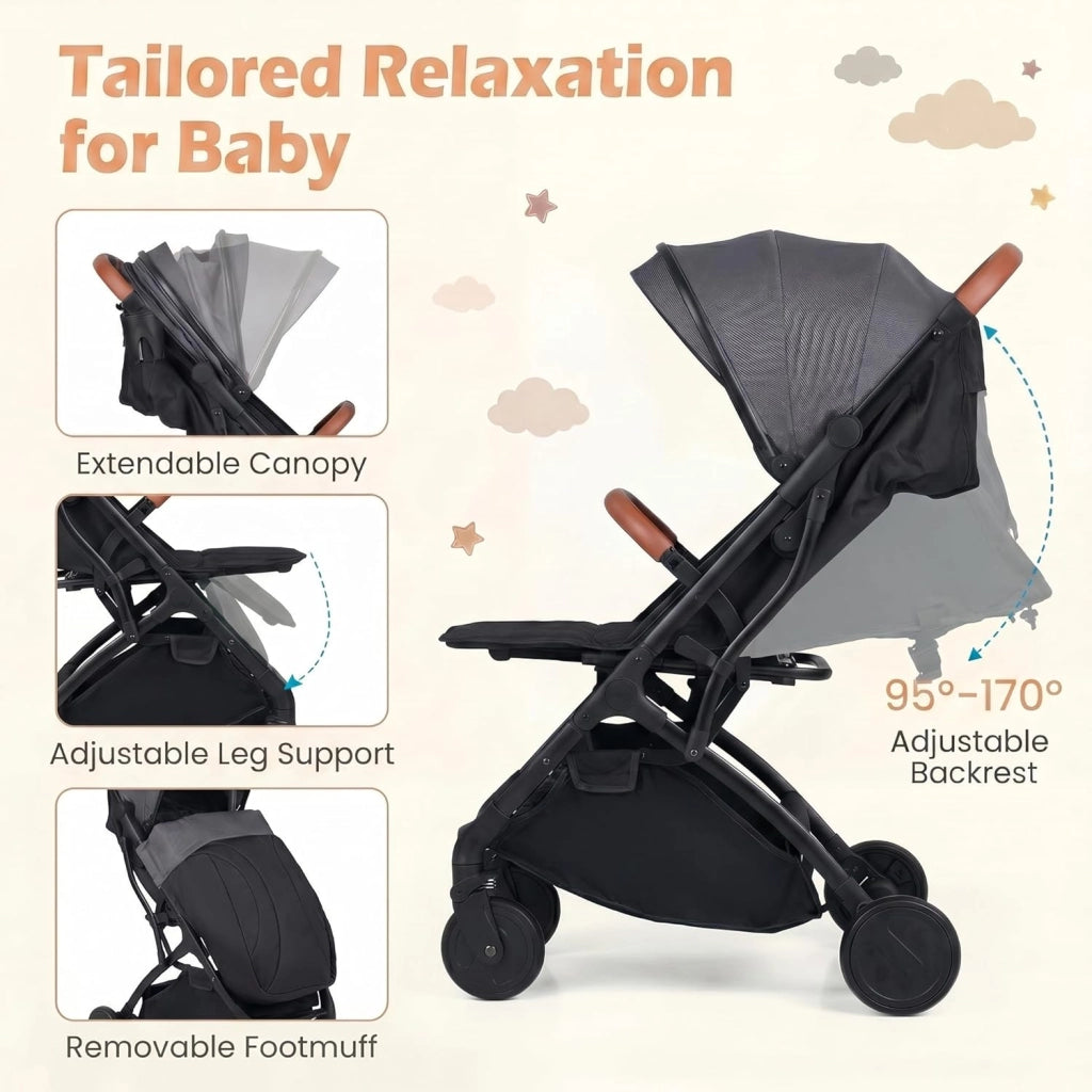 Passeggino Leggero per Bambini e Neonati, Passeggino Pieghevole e Portatile con Ruote, Schienale Regolabile, Tettuccio, Cintura di Sicurezza, Cesto e Copertura Antipioggia (Grigio)