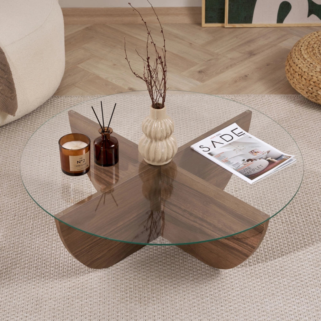 Tavolino in vetro "Liya" 90 x 90 x 30 cm - Noce