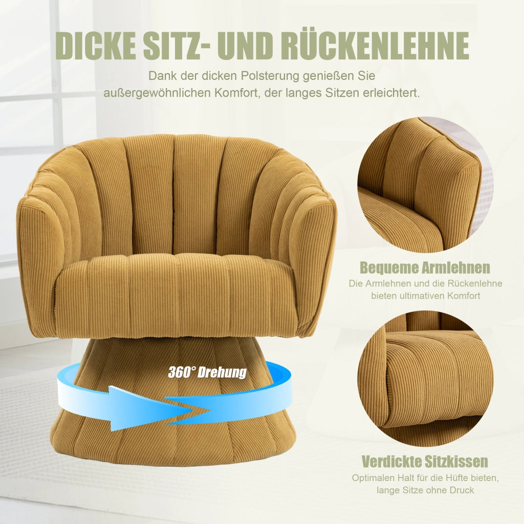 Sedia girevole 360° con seduta imbottita e braccioli avvolgenti in velluto a coste giallo senape 70 × 66 × 72 cm