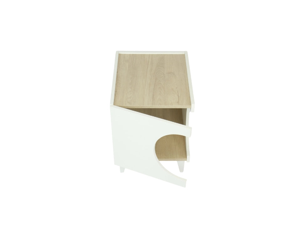 Tavolino cuccia per cani o animali 46,8x37x40cm, ELLIE, ingresso laterale per per lettiera colore Bianco e colore Rovere RF978