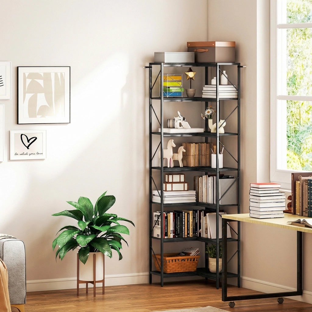 Libreria Angolare Scaffale Industriale 7 Ripiani ¨C zephmum ¨C Effetto Legno Nero