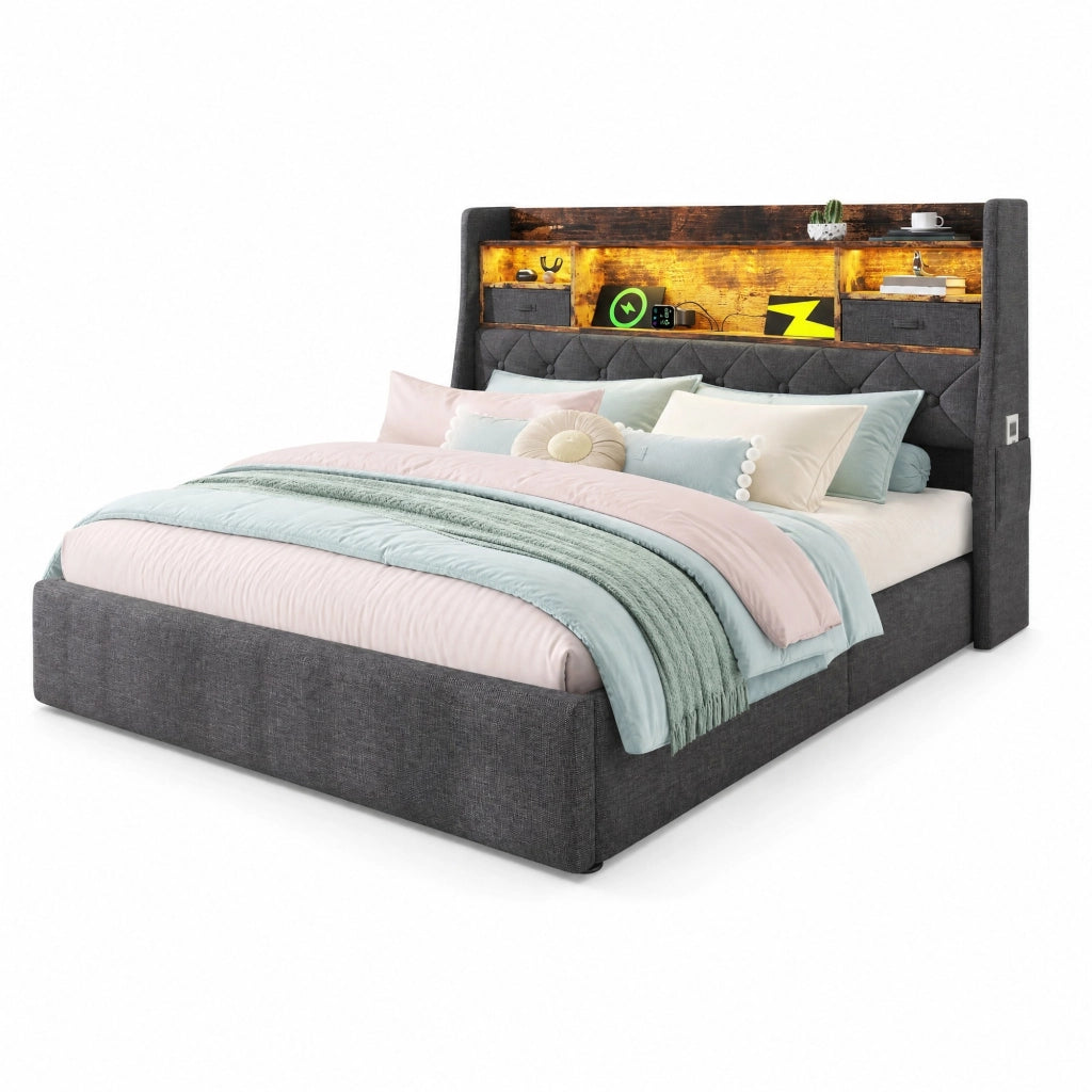 Letto contenitore 160x200 con LED, USB e testiera con ripiani grigio