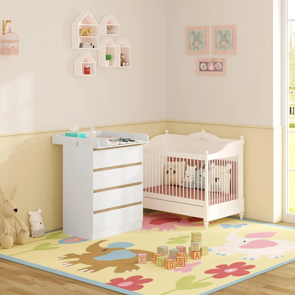 Mobile Fasciatoio per Bambini, Cassettiera con 4 Cassetti, Cassettone con Ripiano Fasciatoio Rimovibile, in Legno MDF e Truciolare, Bianco+Rovere