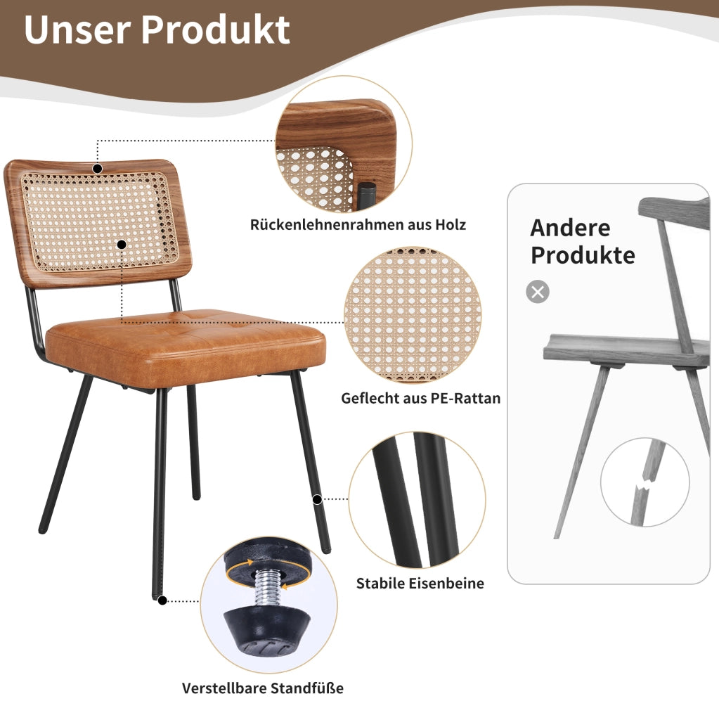 Sedia da pranzo ergonomica in PU e rattan PE marrone