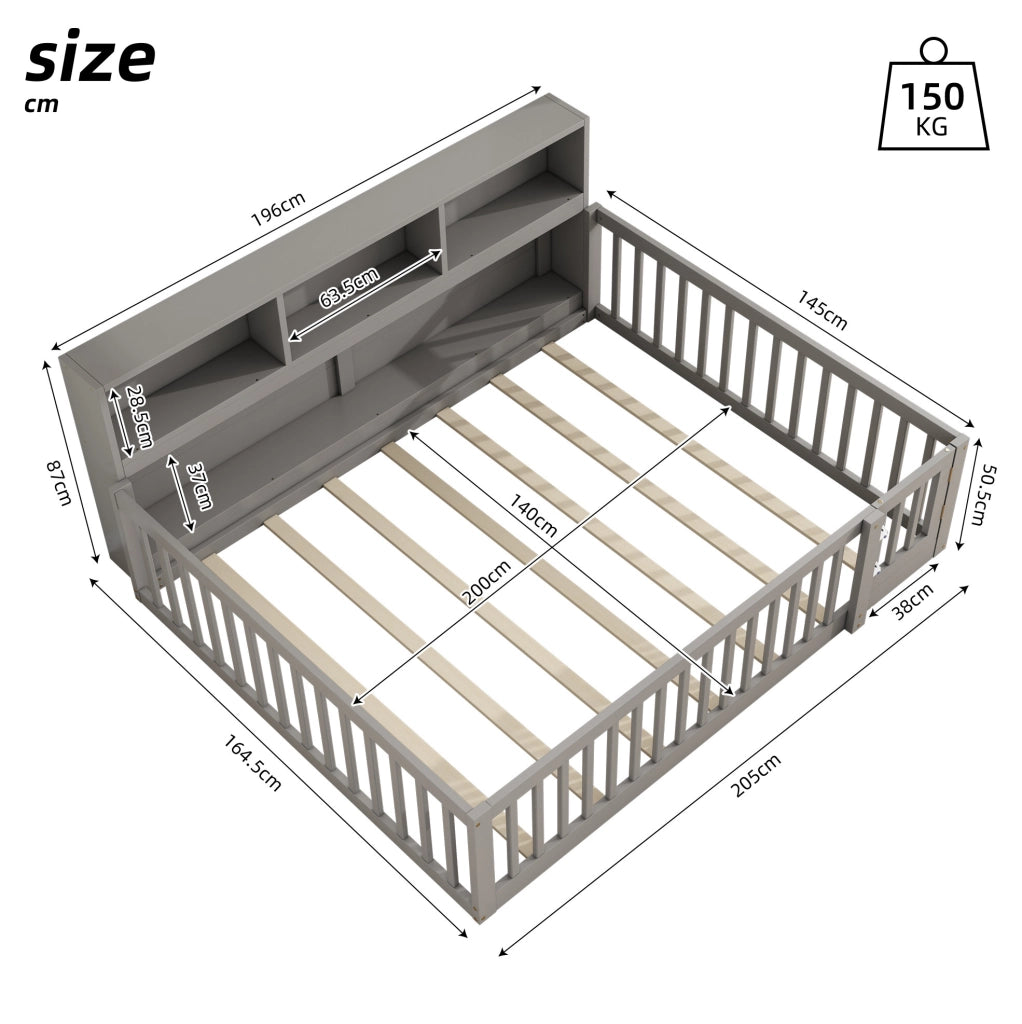 Letto daybed 205x164.5x87 cm con sponde di sicurezza e vani laterali in legno di pino e MDF grigio