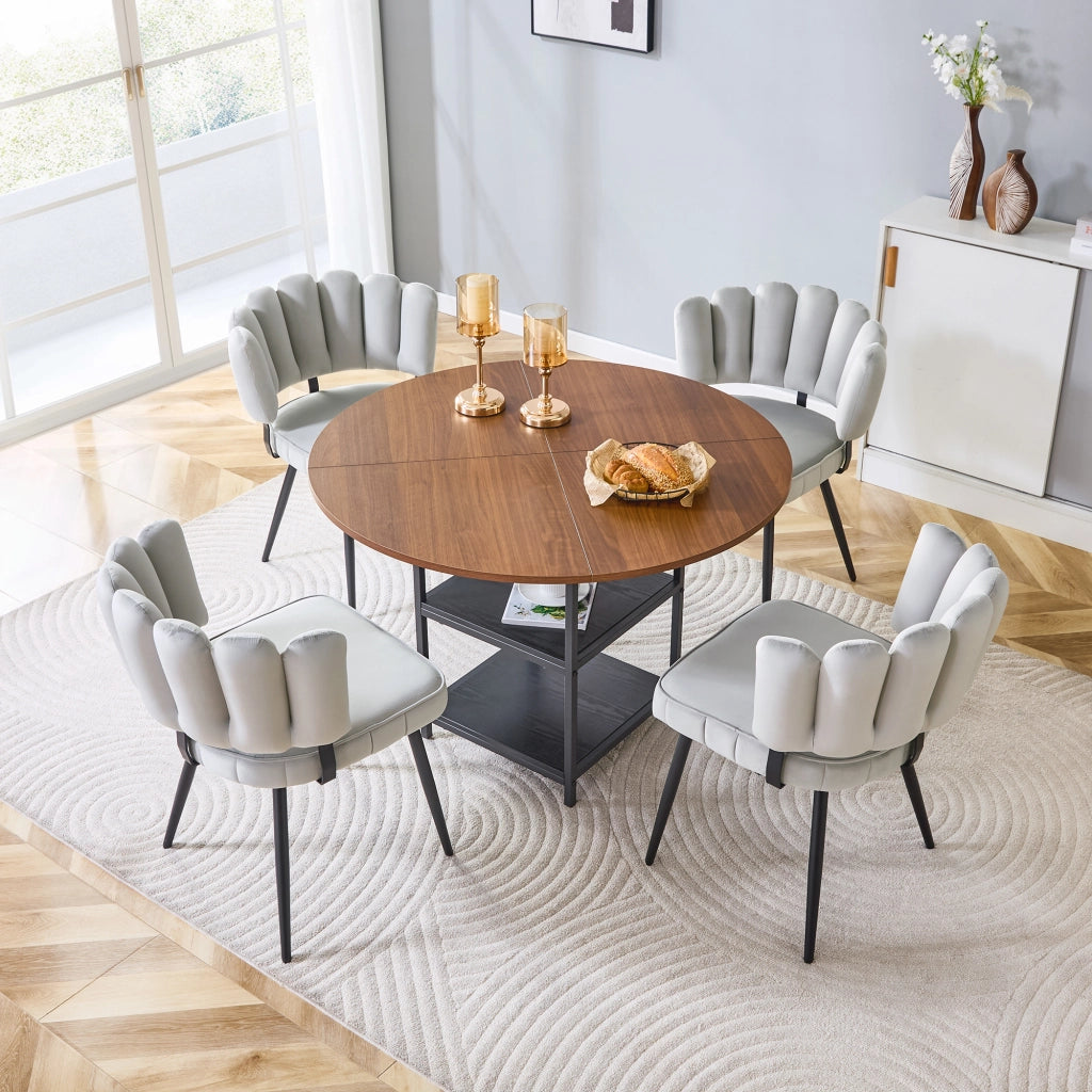 Set tavolo e 4 sedie da sala da pranzo con ripiani, per 4 persone, in MDF e metallo, noce e grigio chiaro