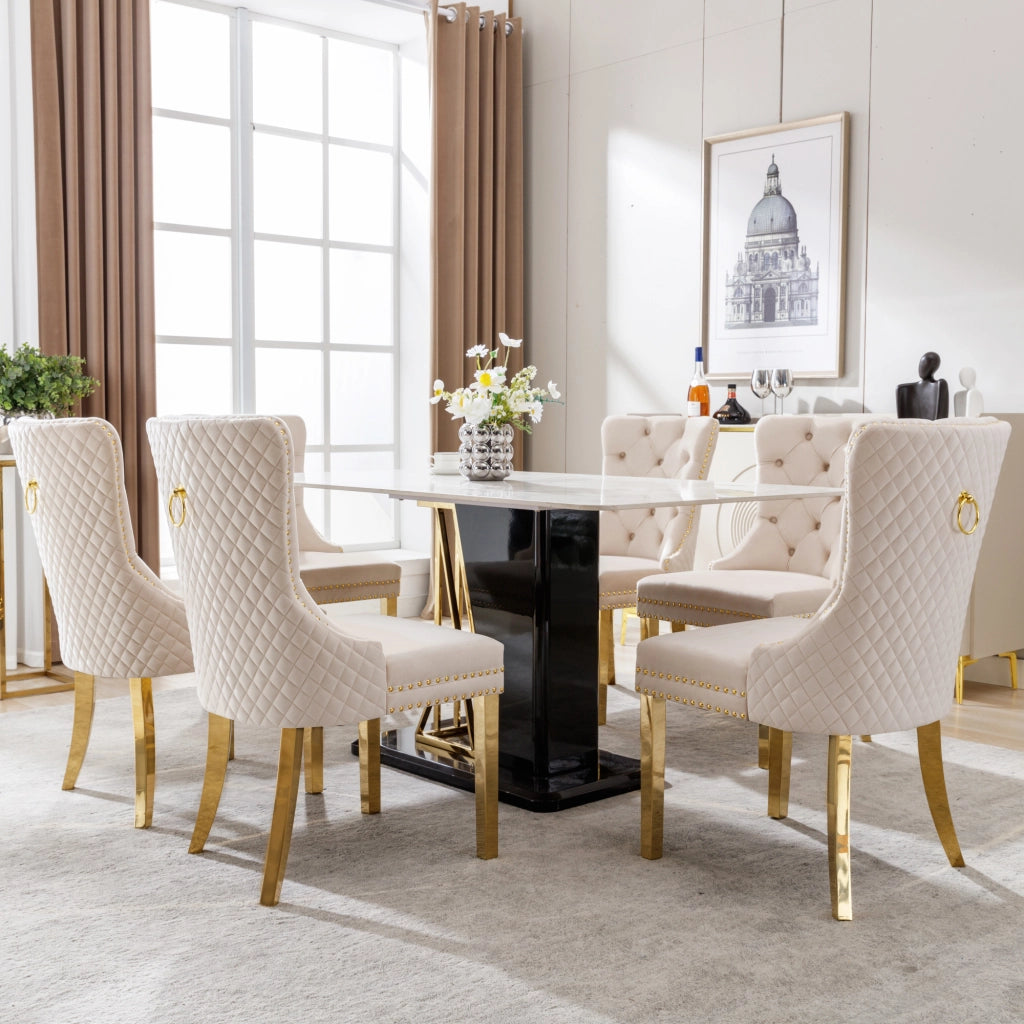 Sedia da Pranzo in Velluto con Schienale e Gambe Dorate ¨C MINIMAL ¨C Beige, Set 6 Pezzi