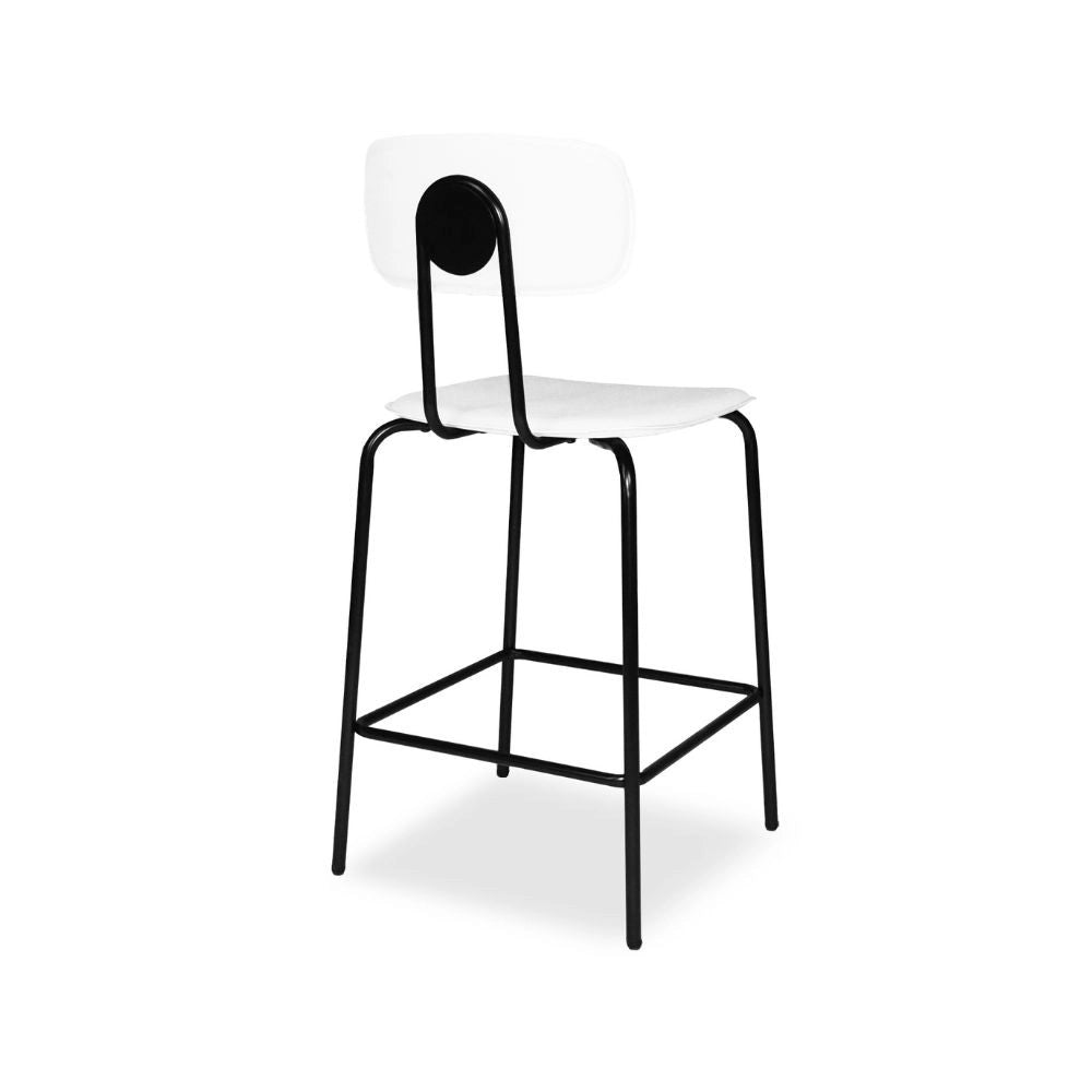 Sgabello Glami con struttura in metallo nero e seduta in pvc effetto cuoio bianco