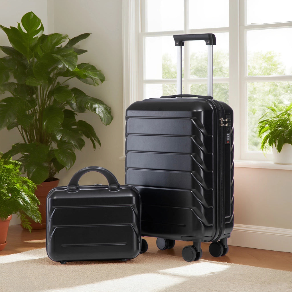 Set di 2 valigie girevoli in ABS da 14"/19" con lucchetto a combinazione e trousse da 14" (Nero)