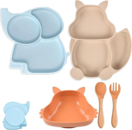 Tavolo per bambini in silicone x 2 - con pinze - posate in legno - impermeabile all'acqua - tavolo per bambini - compartimenti per bambini - 3 pezzi