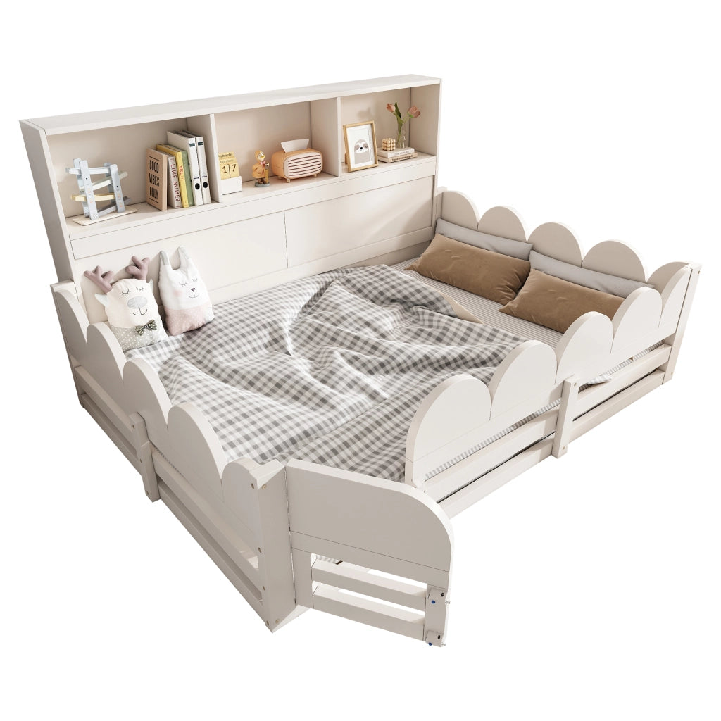 Letto a pavimento per bambini 140x200 cm bianco in legno, con sponde di sicurezza, porticina e ripiani
