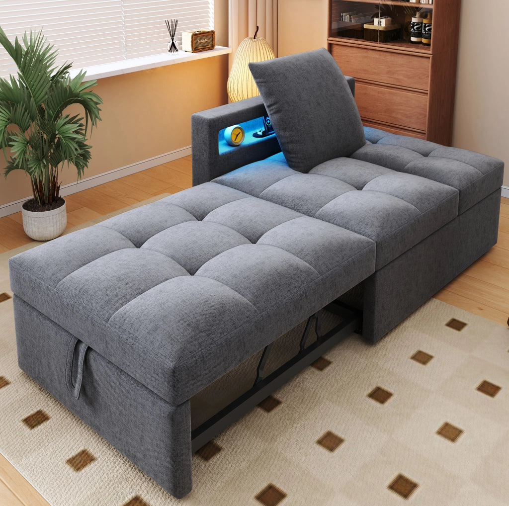 Divano letto 3 in 1 con schienale regolabile; LED e USB/Type-C in lino grigio chiaro