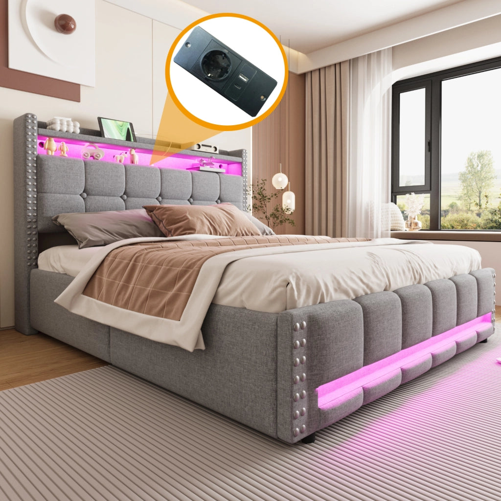 Letto matrimoniale imbottito 160x200 cm con LED; USB e contenitore; grigio chiaro in tessuto di lino