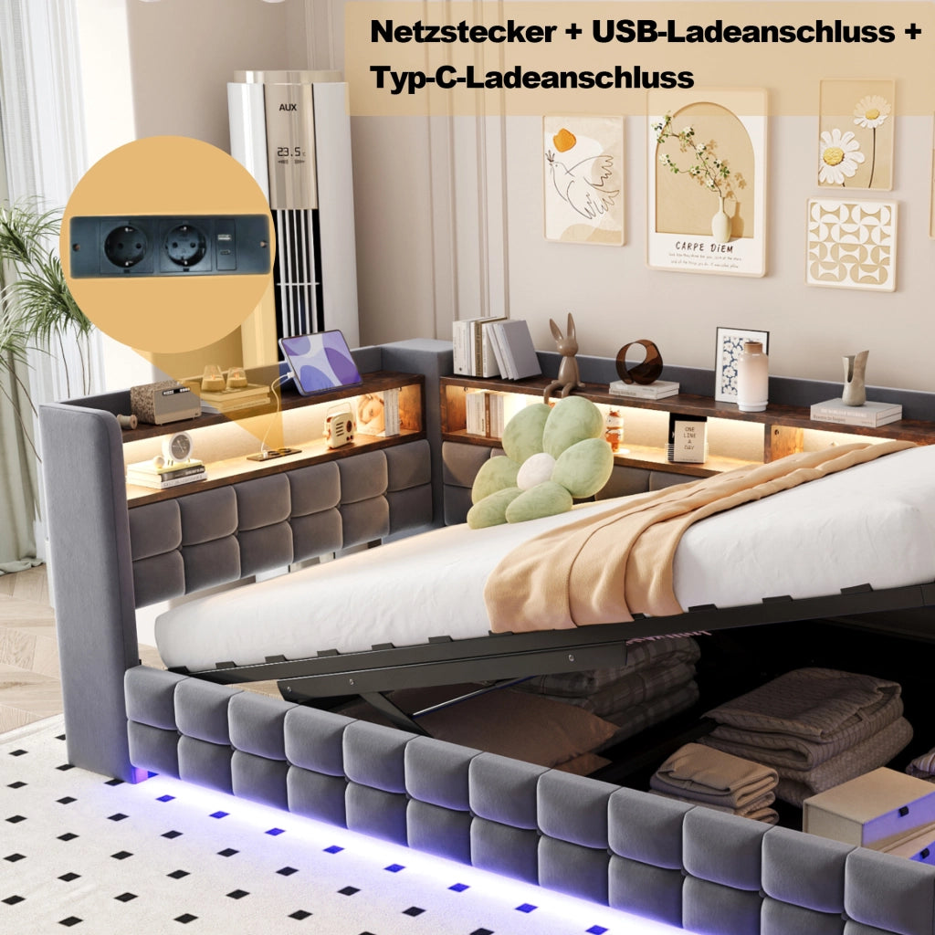 Letto contenitore singolo 90×200 cm con USB; Type-C; LED e ripiani; senza materasso; velluto; grigio