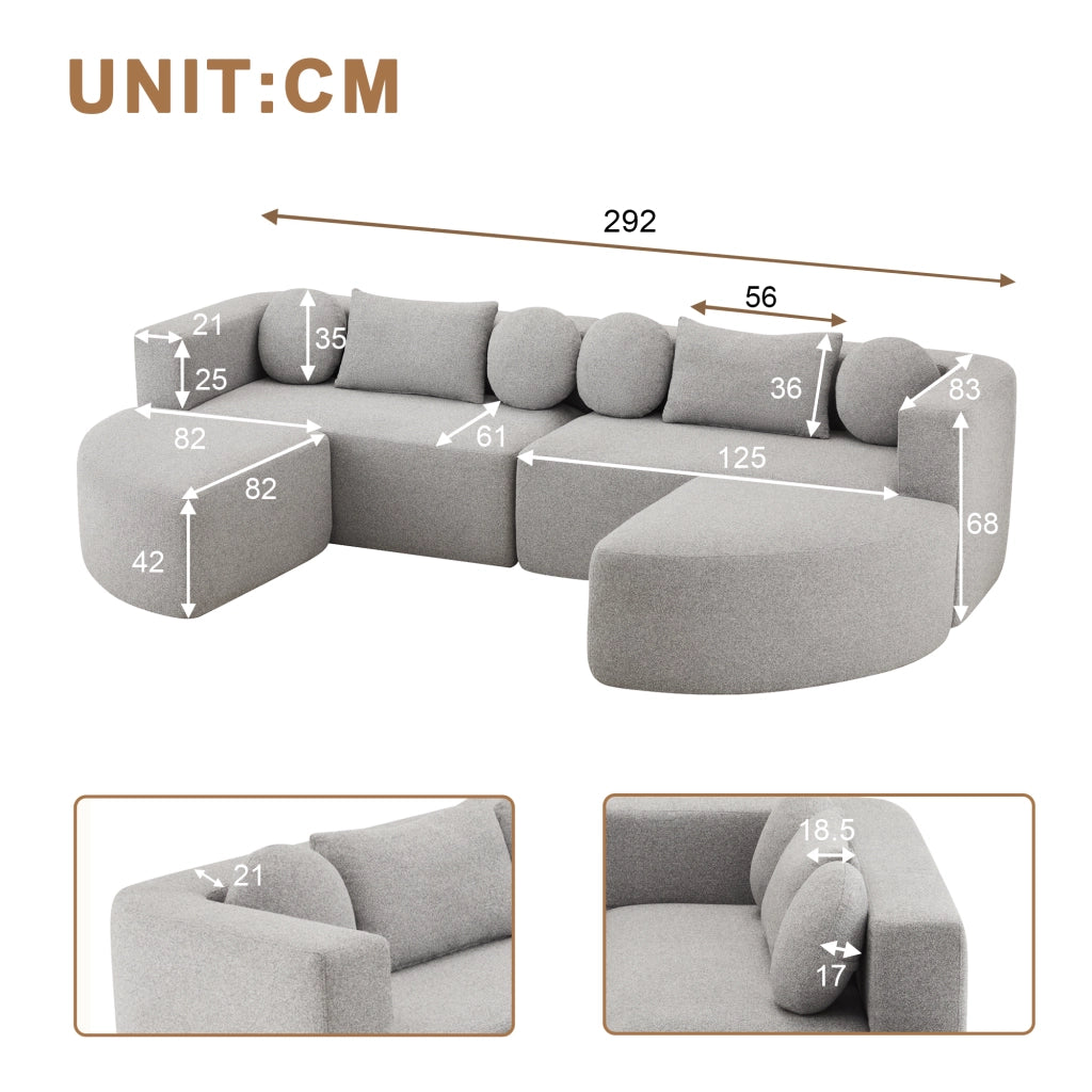 Divano modulare letto in ciniglia con funzione letto e imbottitura soffice senza montaggio grigio 292 × 165 × 68 cm