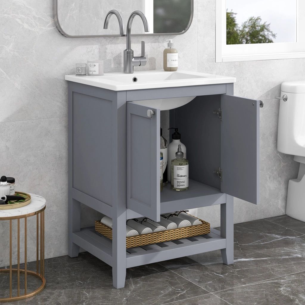 Mobile sottolavabo da bagno con lavabo in ceramica, 1 vano aperto, per bagno, in legno massello e MDF, grigio