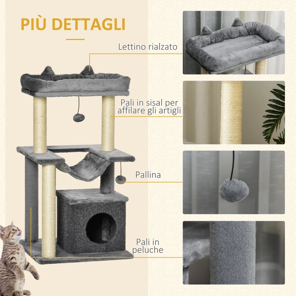 Albero Tiragraffi con Corde Sisal, Casetta e Amaca, Rivestimento Peluche e Feltro, Altezza 100cm, Grigio