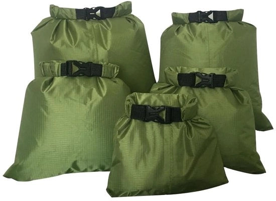 Zaino impermeabile 5 pezzi - Borsa impermeabile 1,5/2,5/3,5/4,5/6 Litri - Adatto per nuoto/rafting/campeggio - Verde militare - Rivestimento PU - Borsa da asciugatura