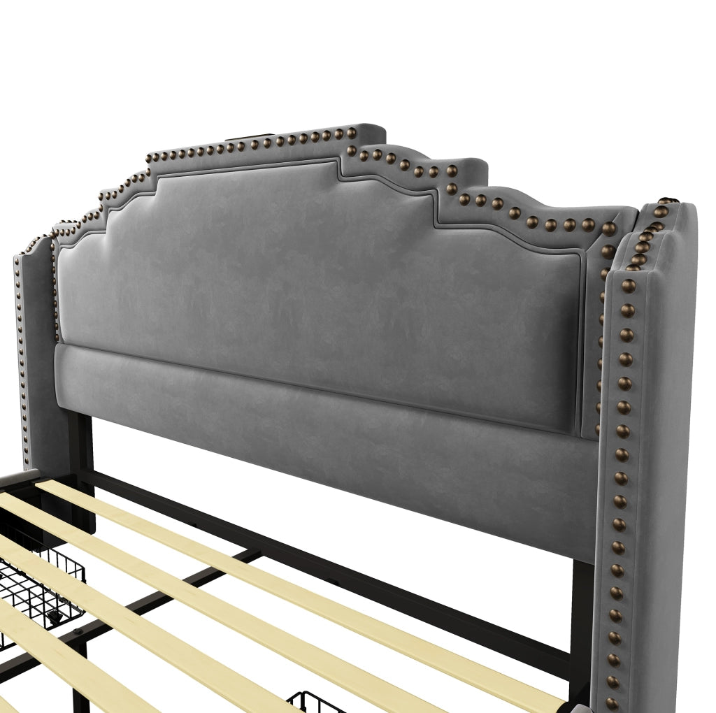 Letto imbottito 140x200 cm grigio con materasso, LED, USB-C e 4 cassetti