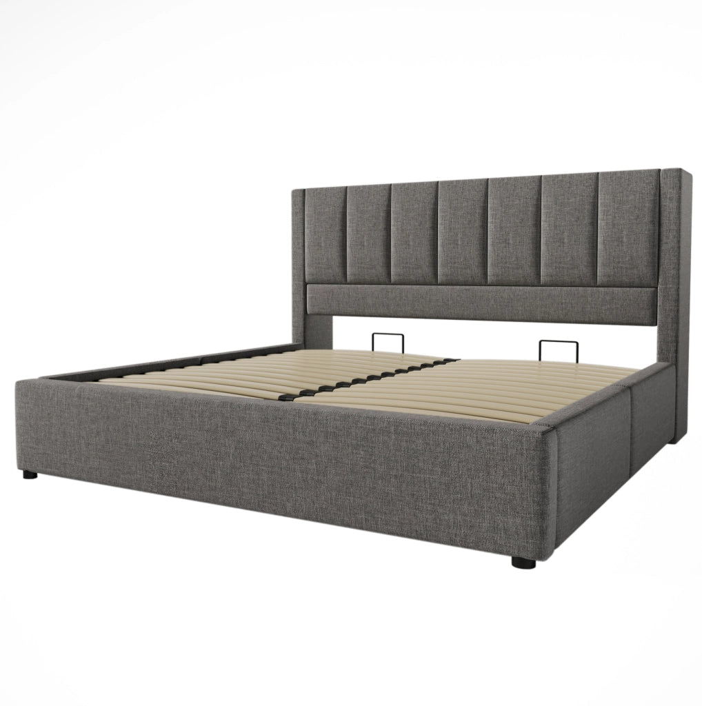 Letto matrimoniale imbottito 140x200 cm con contenitore; porta bicchieri e ricarica USB; lino grigio con materasso