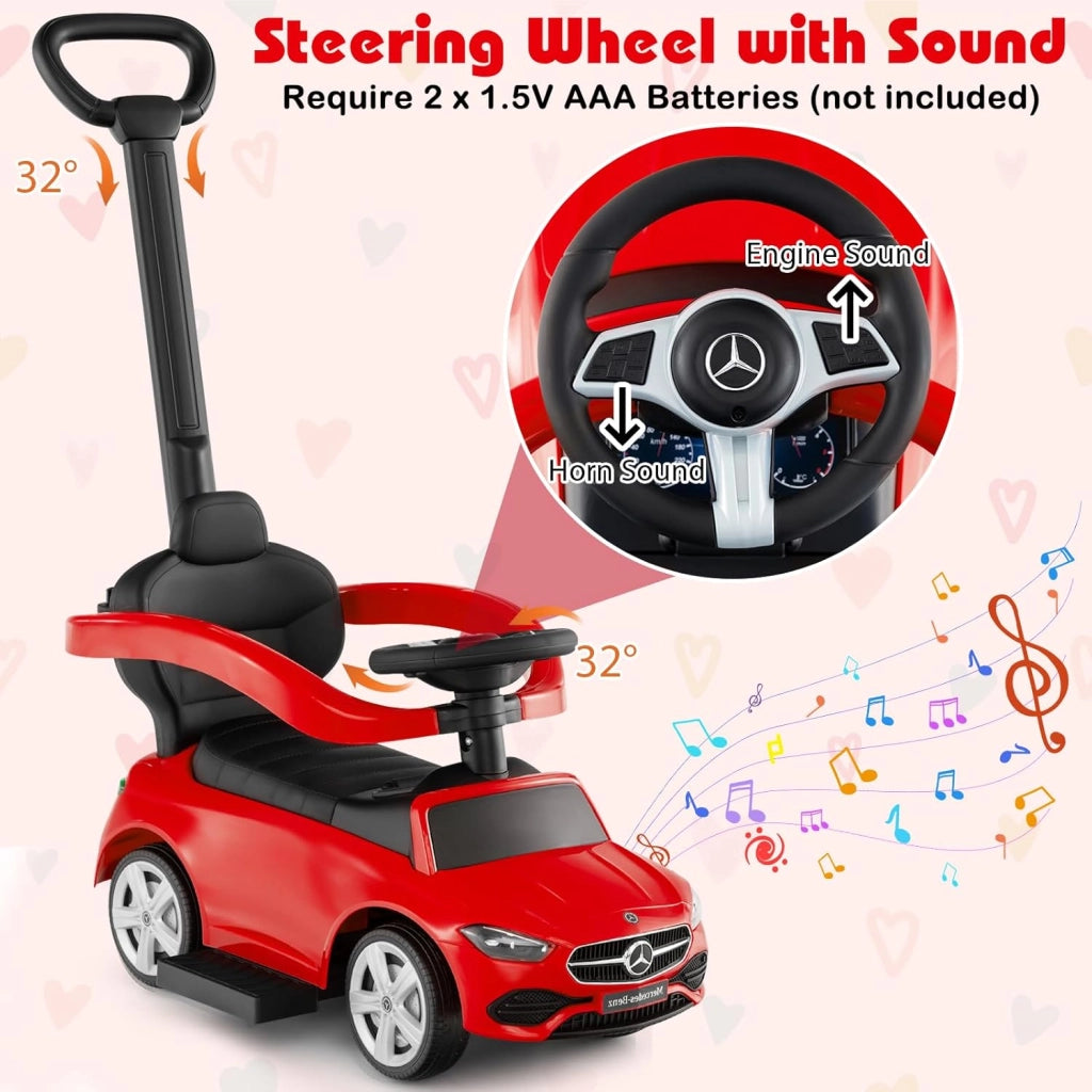 Macchina Cavalcabile per Bambini con Licenza Mercedes-Benz 3 in 1, Capote Regolabile, Guida Realistica con Volante e Clacson, Capacità di Carico 25 KG, per Bambine e Bambini 1-3 Anni (Rosso)