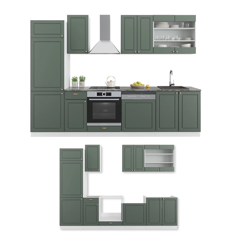Cucina componibile Fame-Line Verde-oro rustico/Bianco 300 cm senza piano di lavoro Vicco