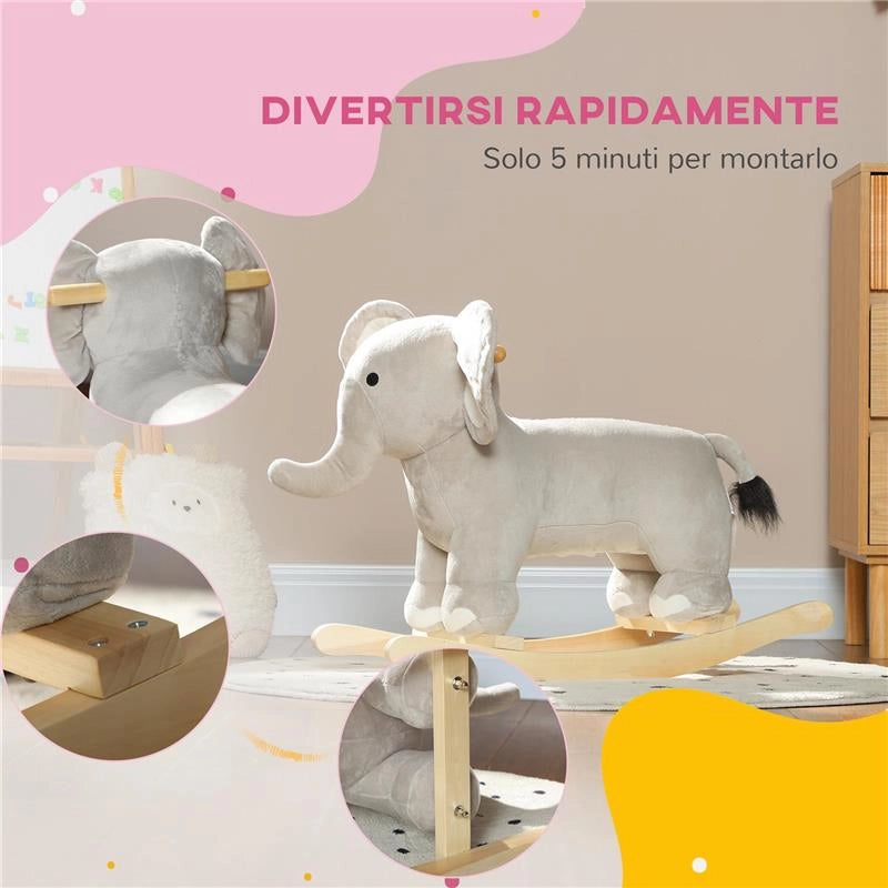 CAVALLO A DONDOLO PER BAMBINI 2-4 ANNI A FORMA DI ELEFANTE CON SUONI E RIVESTIMENTO MORBIDO 64.5X31X52 CM GRIGIO