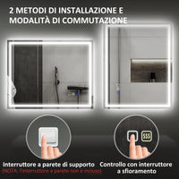 Specchio Bagno da Parete LED Antiappannamento 80x100 cm Speaker Bluetooth e Pulsanti Touch in Vetro Temperato