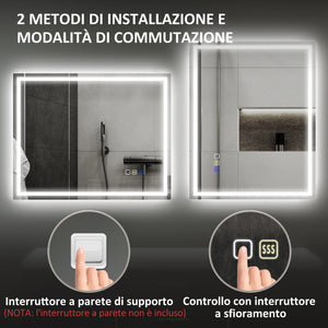 Specchio Bagno da Parete LED Antiappannamento 80x100 cm Speaker Bluetooth e Pulsanti Touch in Vetro Temperato
