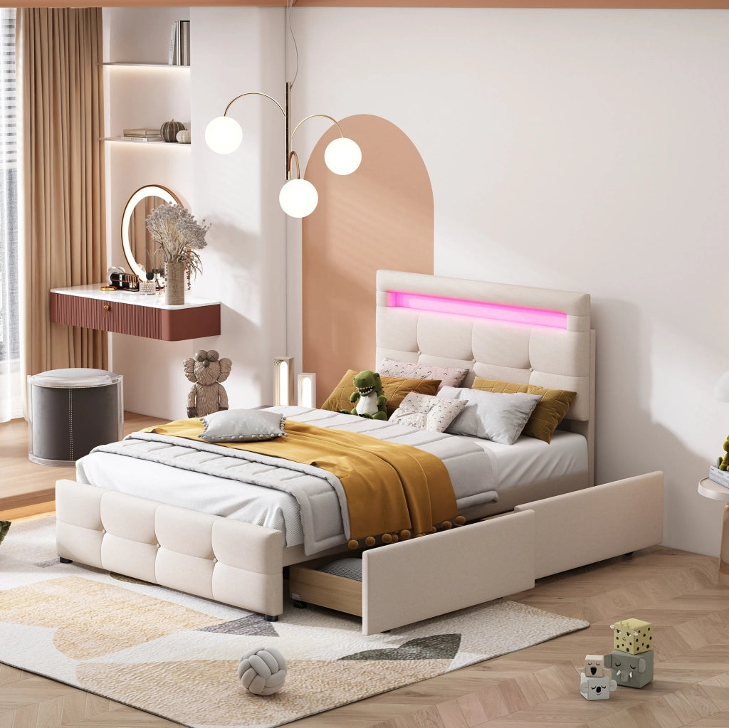 Letto singolo imbottito beige con LED e 2 cassetti