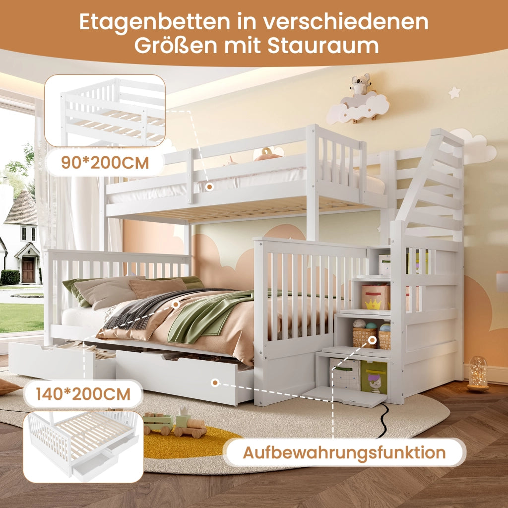 Letto a castello 90×200 cm e 140×200 cm con cassetti e contenitore; senza materasso; bianco