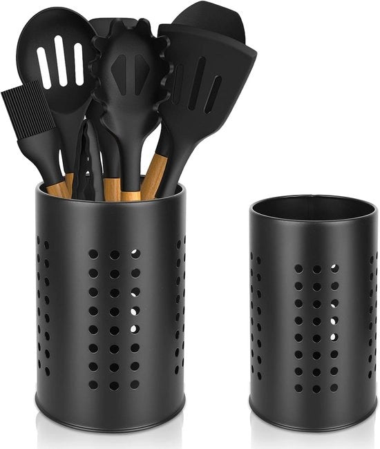 Set di contenitori per utensili da cucina in acciaio inossidabile per piano da lavoro - Set da 2 - Contenitori rotondi - Nero - Contenitori per cucina