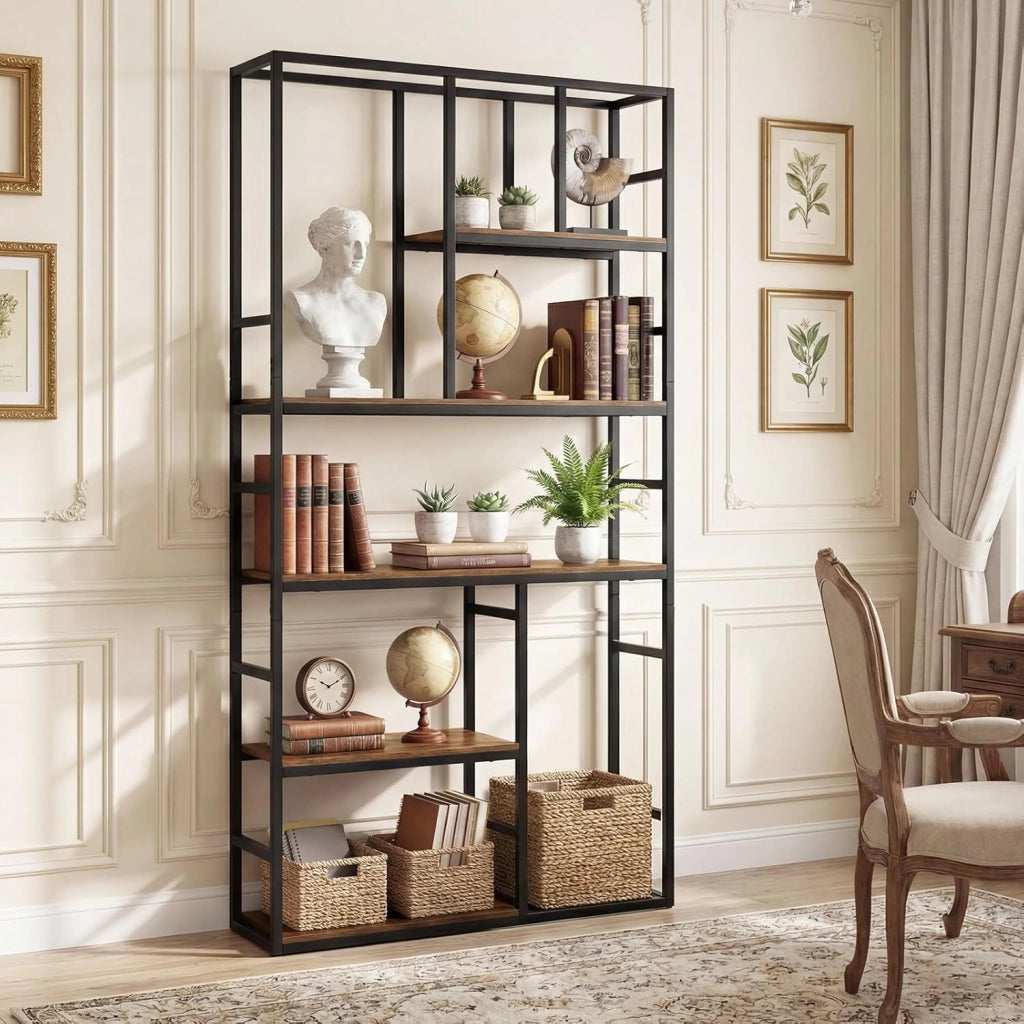 Libreria Scaffale, Libreria Verticale a 5 Ripiani con Mensola Aperta e Struttura Metallica, 90 x 30 x 180 cm, Organizzatore Indipendente per Soggiorno, Ufficio e Camera da Letto