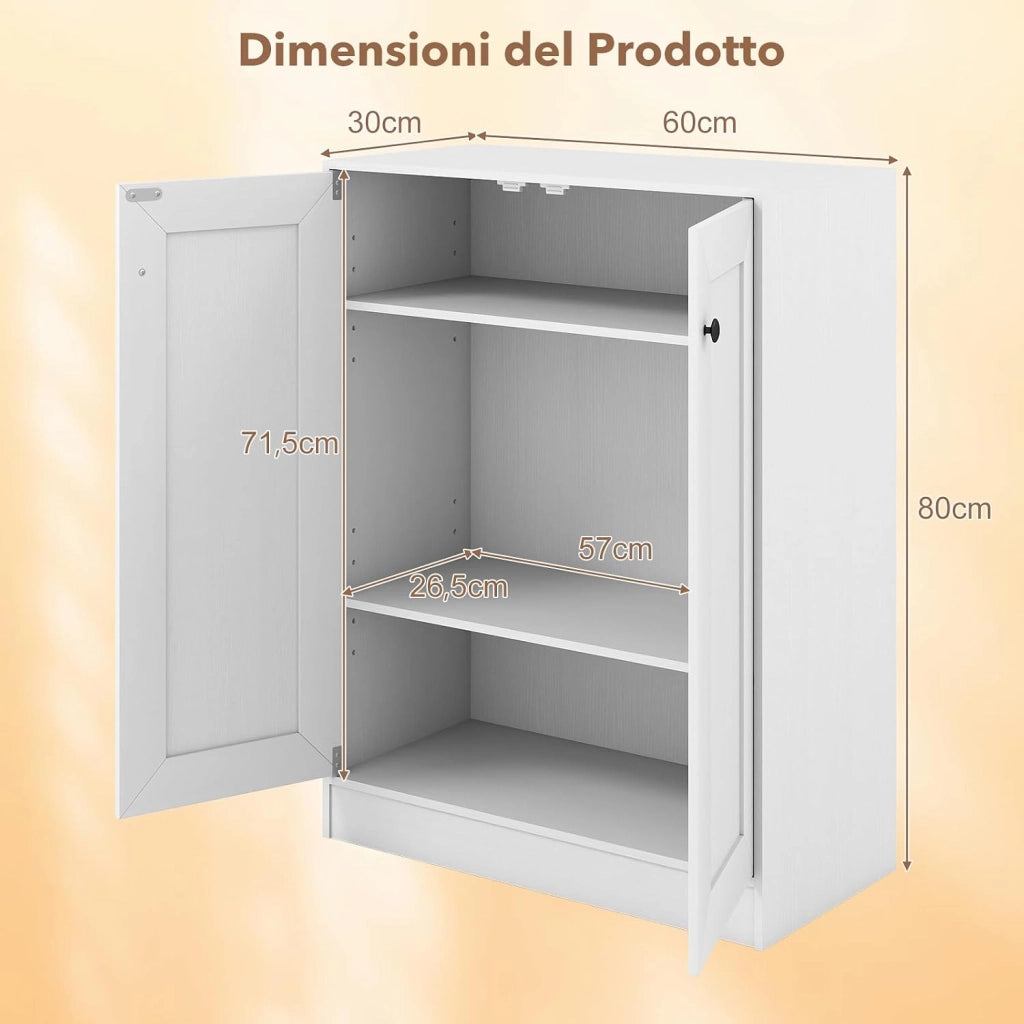 Mobile Bagno da Terra, Armadietto da Bagno in Legno con con 2 Ante e 3 Ripiani Regolabili, Credenza Indipendente per Soggiorno, Sala da Pranzo e Cucina, 60 x 30 x 80 cm
