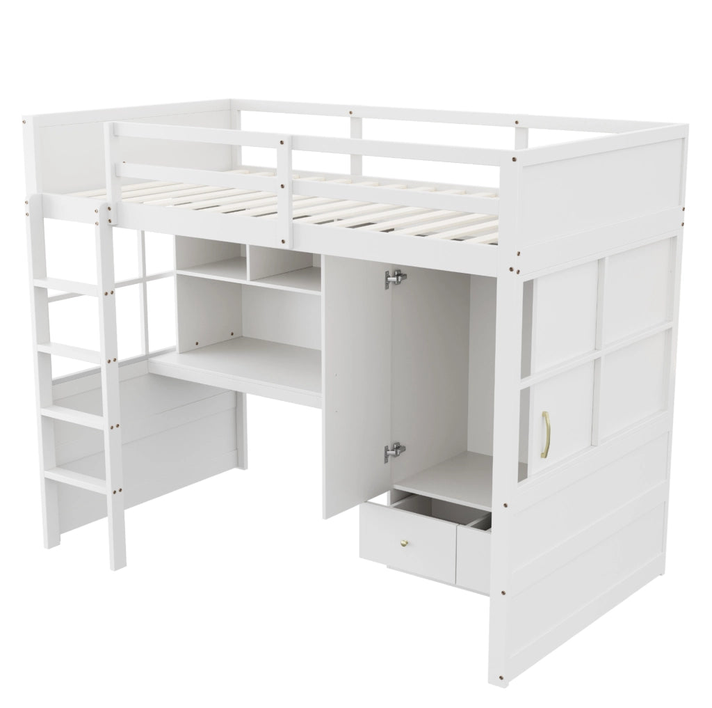 Letto a soppalco 90x200 cm con scrivania; armadio e cassetti in pino; MDF; bianco