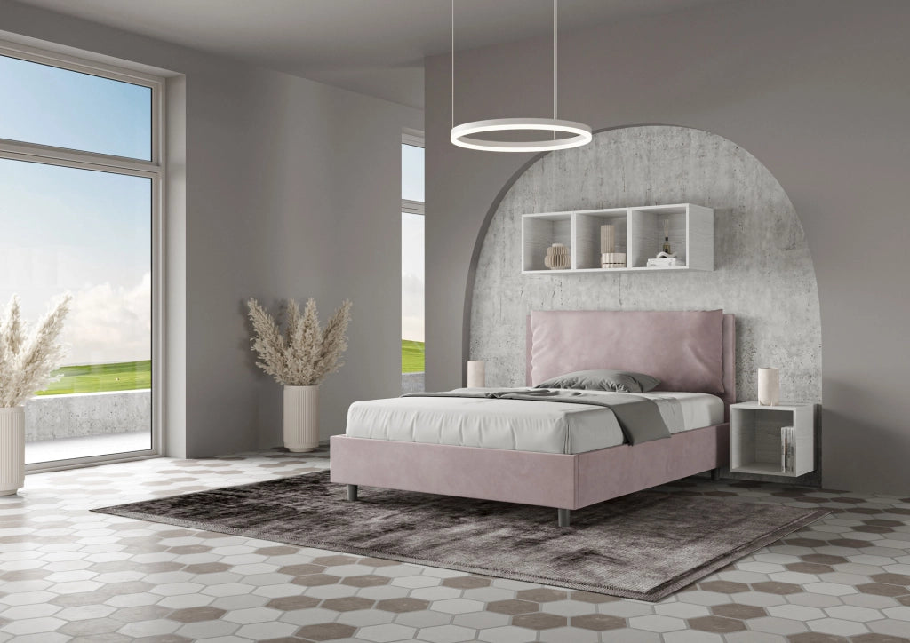 BS COM Letto matrimoniale francese contenitore imbottito 140x200 microfibra glicine Large