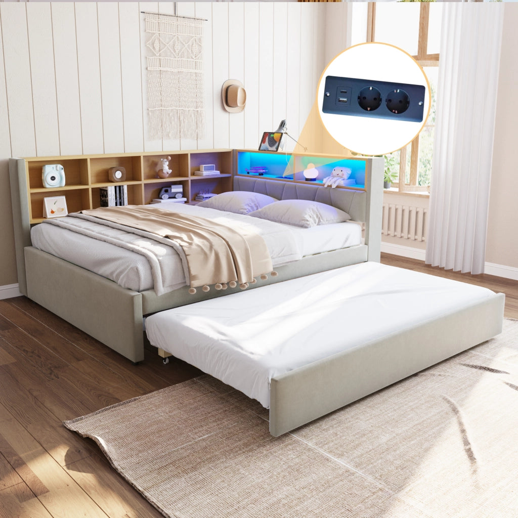 Divano letto con letto estraibile 140x200 cm, LED, USB e vani contenitore, flanella grigio chiaro