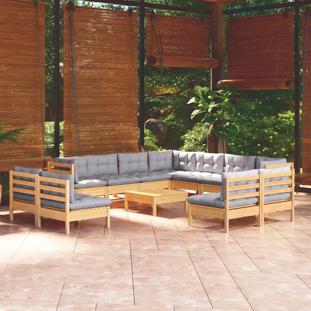 Set Divani da Giardino 12 pz con Cuscini Grigi Massello di Pino 3096868