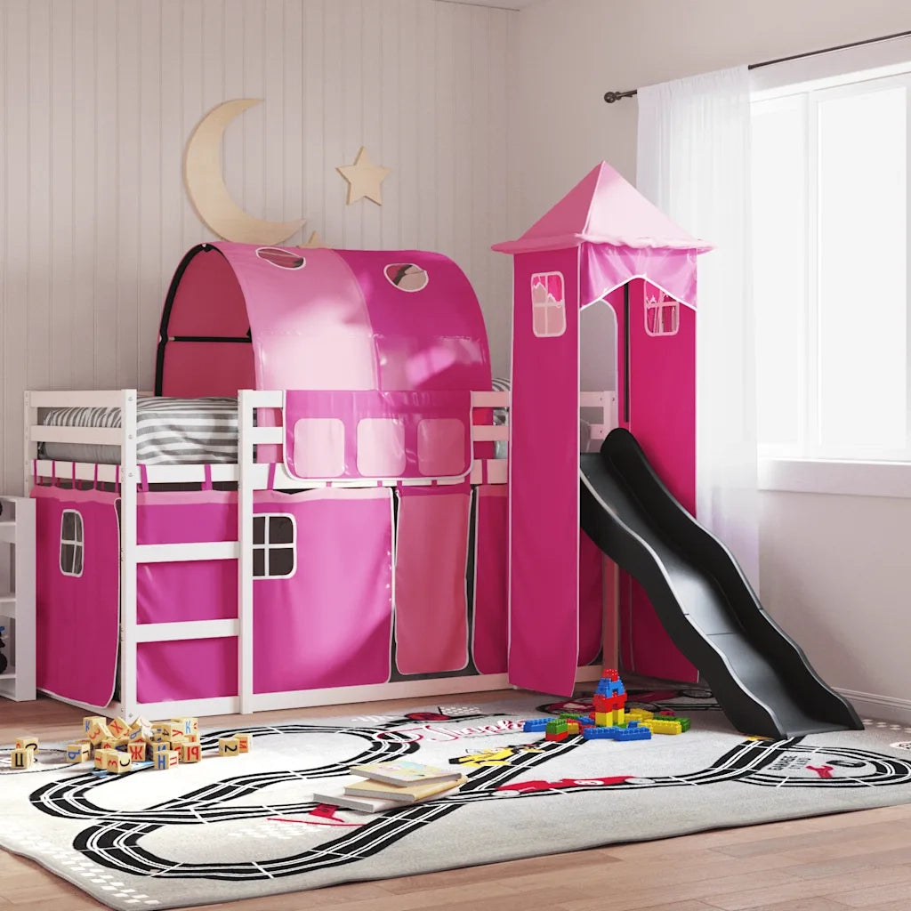 vidaXL Letto a Castello con Scivolo e Tende Rosa 90x190 cm