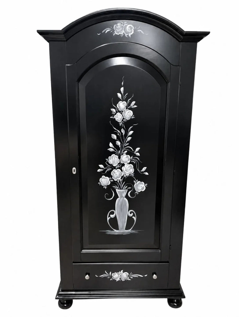 Armadio shabby chic 1 porta legno nero opaco decori floreali 96x56x196 - Mobili 2G