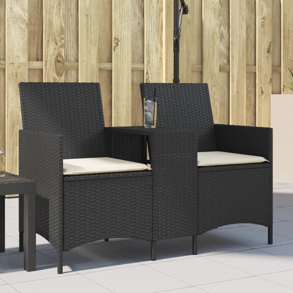 vidaXL Divano da Giardino a 2 Posti Tavolo Cuscini Nero in Polyrattan